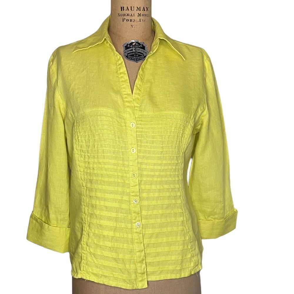 Tracy M Asymetric pleated Lemon Linen Shirt - size large